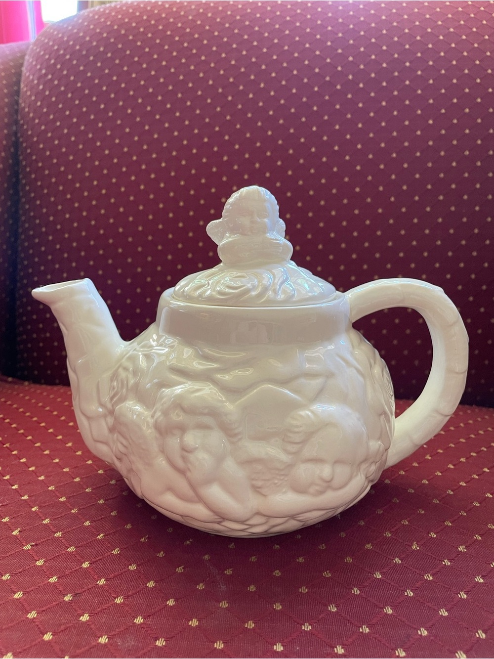White Embossed Cherub Ceramic Teapot
